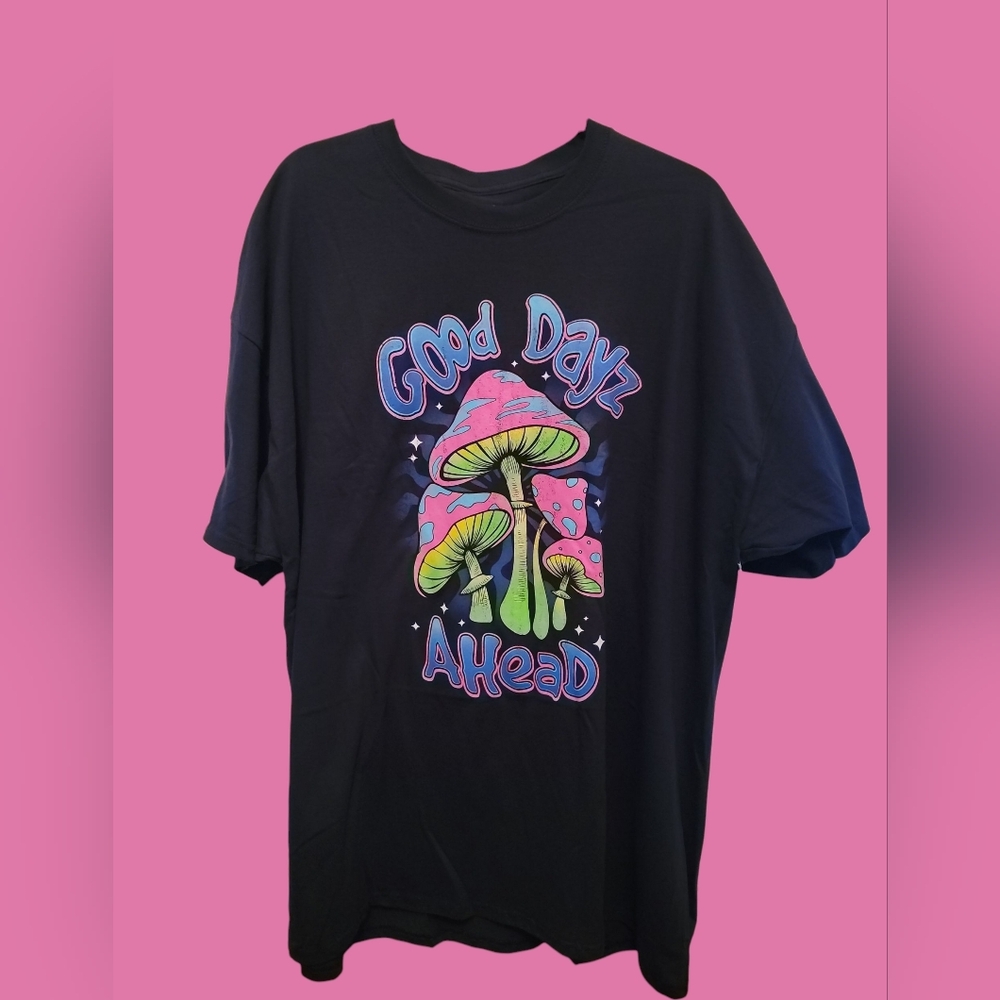 Good Dayz Ahead Black Tee with Colorful Mushroom Design